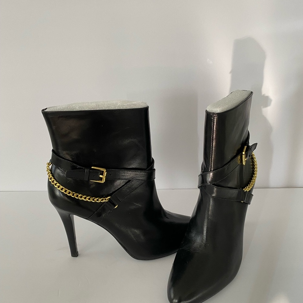 Ralph Lauren Black Heeled Boots with Gold Chain